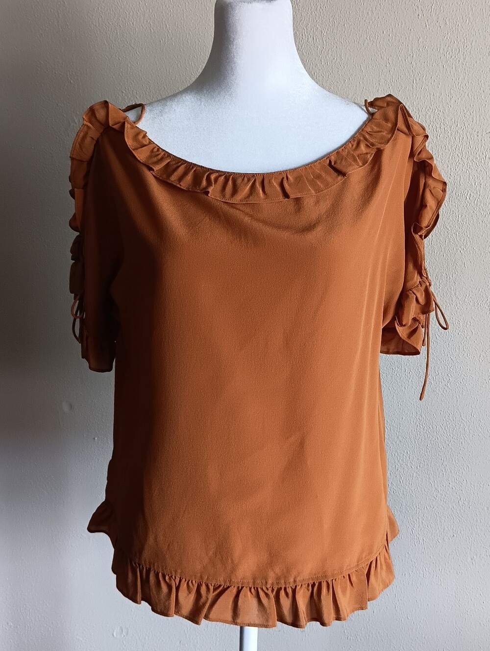 Madewell 100% Silk, Lace Up Sleeve, Ruffle Trim Blouse In Rust, Small, Boho